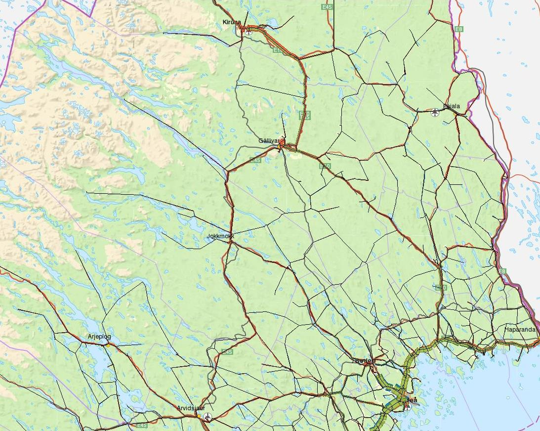 Figur 58: Lbu kalibrerad trafik i Västerbottens län skala 40 Lantmäteriet 202100-6297 Genom Västerbotten stämmer de nätutlagda flödena betydligt bättre överens efter