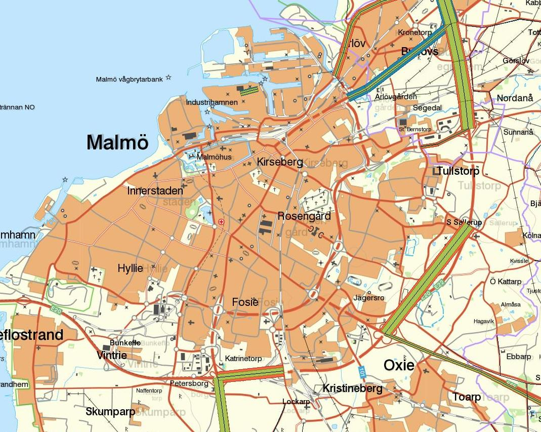 Figur 71: Lbs kalibrerad trafik i Malmö skala 100 Lantmäteriet 202100-6297 I Malmö kvarstår delar av problematiken med felaktiga vägval förbi