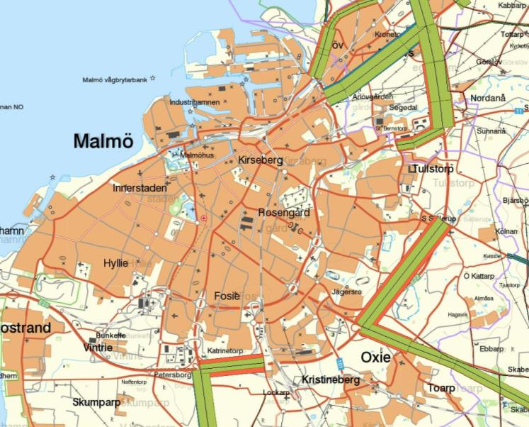 Figur 72: Lbu kalibrerad trafik i Skåne skala 100 Lantmäteriet 202100-6297 Vid kalibrering anpassas trafikflödena väl till de uppmätta med undantag förbi Malmö och Helsingborg där visst underskott