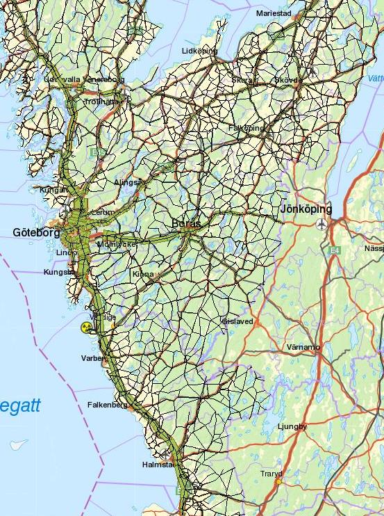 Figur 84: Lbs kalibrerad trafik i Göteborg skala 150 Lantmäteriet 202100-6297 Efter kalibrering kvarstår fortfarande vissa avvikelser längs E6 genom Göteborg, men dessa minskar jämfört med innan