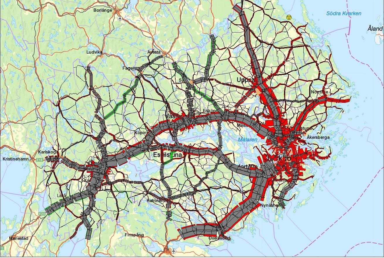Genom att studera trafikflöden för hela Mälardalen kan vi se att i de stora stråken görs en viss underskattning av trafiken men att totalnivåerna ändå stämmer relativt väl överens.