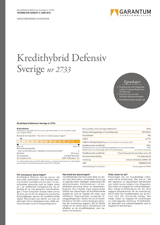 Kredithybrid Defensiv Sverige nr 2733 Kredithybrid Defensiv Sverige nr 2733 Kredithybrid Defensiv Sverige passar placeraren som dels ser en långsiktig potential för den svenska börsutvecklingen och
