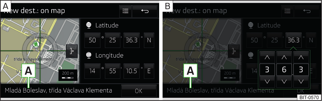 Ange mål på karta och med hjälp av GPS-koordinater Tryck på funktionsknappen för önskad kategori.