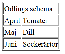 <table border="1" > <tr> <td>april</td> <td>tomater</td> </tr> <tr> <td>maj</td> <td>dill</td> </tr> <tr> <td>juni</td> <td>sockerärtor</td> </tr> </table> Tabeller tr = tabell rad td = tabellcell