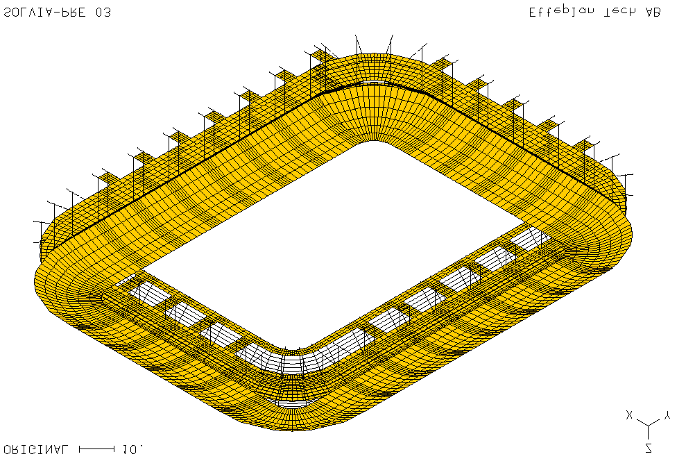 Datormodellen över arenan Nedan visas några bilder från vår datormodell. De visar olika strukturer som utsätts för en last från hoppande publik varvid vibrationerna kan beräknas.