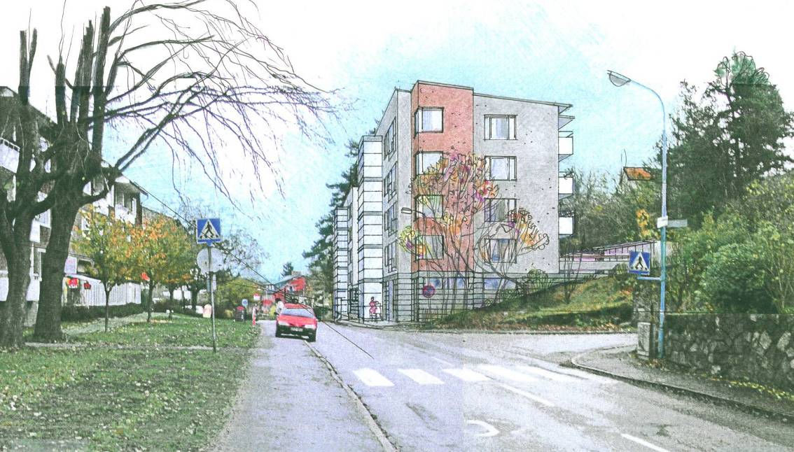 Preliminär sitautionsplan (illustration: Bergkrantz Arkitekter AB). Preliminärt gatuperspektiv utmed Blommensbergsvägen (illustration: Bergkrantz Arkitekter AB).