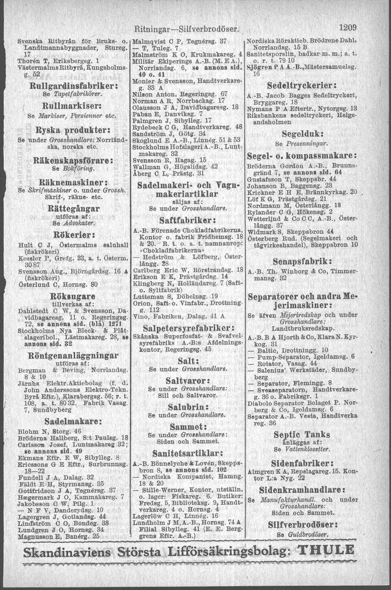 Svenska Ritbyrån för Bruks- o. Landtmannabyggnader, Stureg. 17, \ Thoren T, Eriksbergsg. 1 VästermalmsRitbyrä, Kungsholrnag. 52. \ Rullgardinsfabriker : Se Tapetfabrikörer.