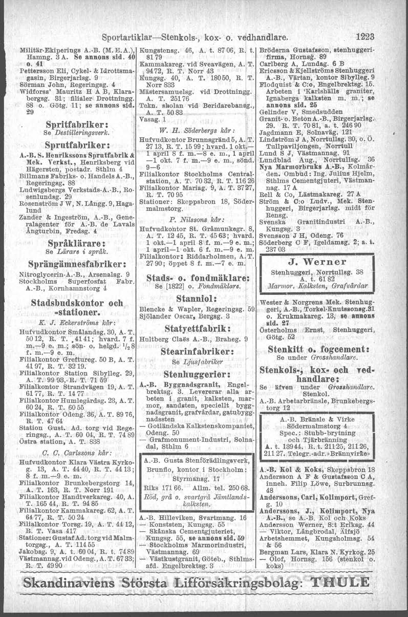 Sportartiklar-c-Stenkols-, kox- o. v~dhandlare. 1223 Militär Ekiperings A. B. (M.E.A.), Kungstensg. 46, A., t. 8706, Rj'ft. Bröderna GUs,tafuon, stenhuggert- Hamng. 3 A. Se annons sid.