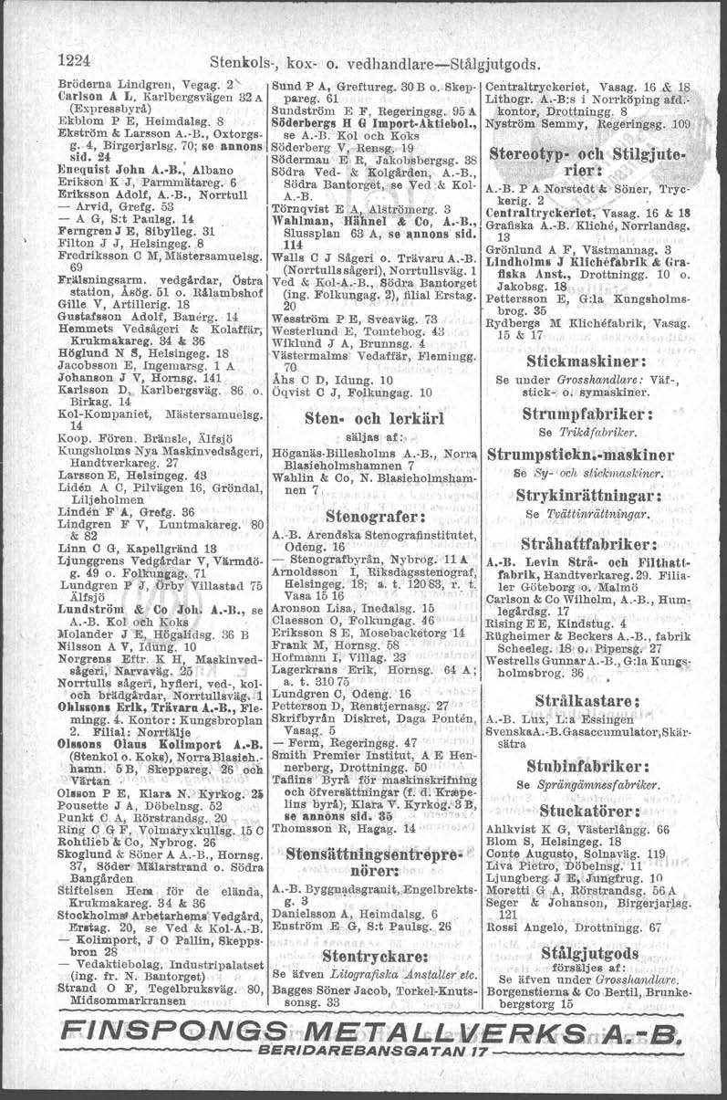 1224 Stenkols-, kox- o. vedhandlare-stålgjutgods. Bröderna Lindgren, Vega~. 2' Sund P A, Greftureg. 30 B o. Skep Centraltryckeriet, Vasall'. 16 & 18 Carlson Å L.