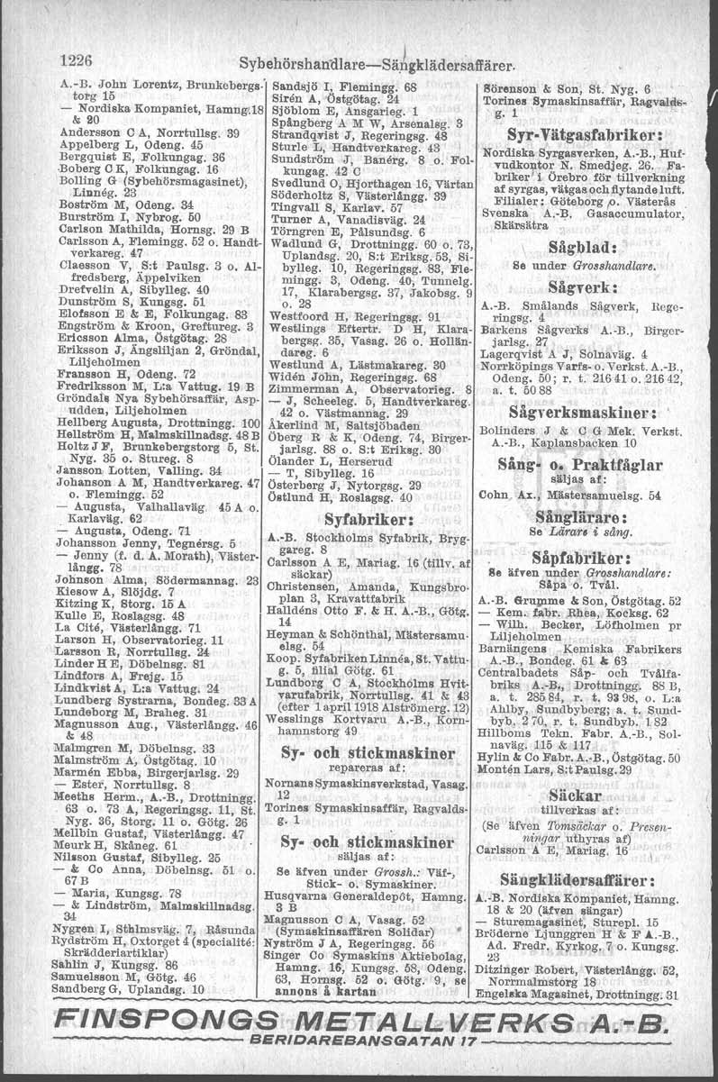 1226 A.-B. John Lorentz, Brunkeberga.' torg 15 - Nordiska Kompaniet, Hamng(18 '" 20 Andersson C A, Norrtullsg. 39 Appelberg L, Odeng. 45 Bergquist E, Folkungag. 36 -Boberg C K, Folkimgag.