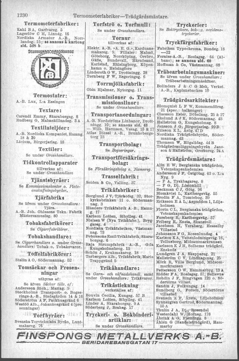 1230 Termometerfabriker- Trädgårdsmästare. Termometerfabriker : Torfströ o. Torfmull: Kahl B A, Garfvareg. 5 Se under Grosshandlars. Lagerlöw C H,.Linneg, 16 Nordiska Armatur A.-B., Norrlandsg.