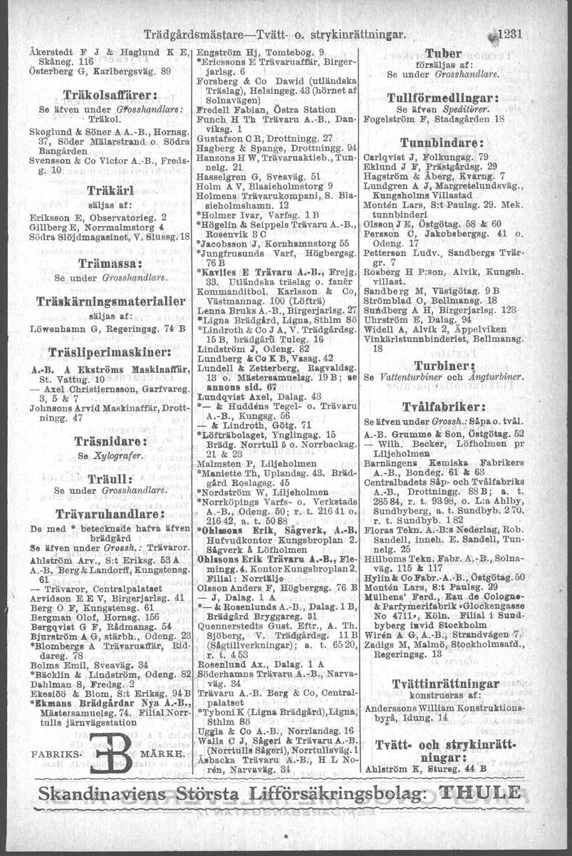 Åkerstedt F J & Haglund K E,. Skäneg. 116 Österberg G, Karlbergsväg. 89 Träkolsafi"årer: Se lifven under G'osshandlare:, TrIikol. Skoglund &; Söner A A.-B., Hornsg. 37, Söder Målarstrand o.