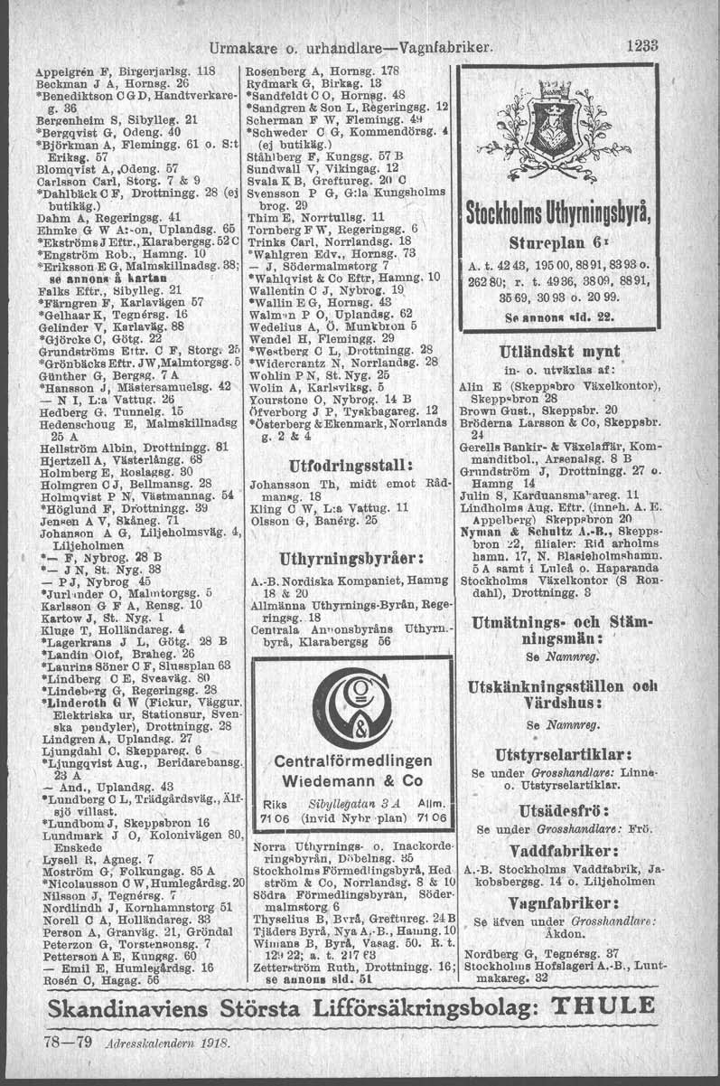 Urmakare o. urhandlare-e-vagntabnker. Appelgren ]j', Birgerjarlsg. 11S Rosenberg A, Hornsg. 178 Beckman J A, Hornsg. 26 \ Rydmark G, Birkag, 13 Benediktson CGD, Handtverkare- 'Sandfeldt C 0, Horneg.