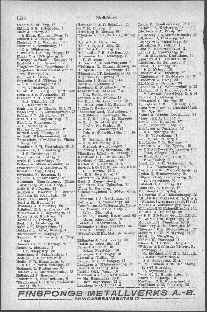 1216 I Ekholm A, Ist. Nyg. 45 Eklund G E, SkärgårdsI'. 1 Eklöf J, P~ästg. 31 - & Hahn) Kommendörsg, 17 Ekstedt O 1\. Tegnersg. 19 Ekstrand 0 A, Flemingg.. 25 Ekström Al1 Smålandag.