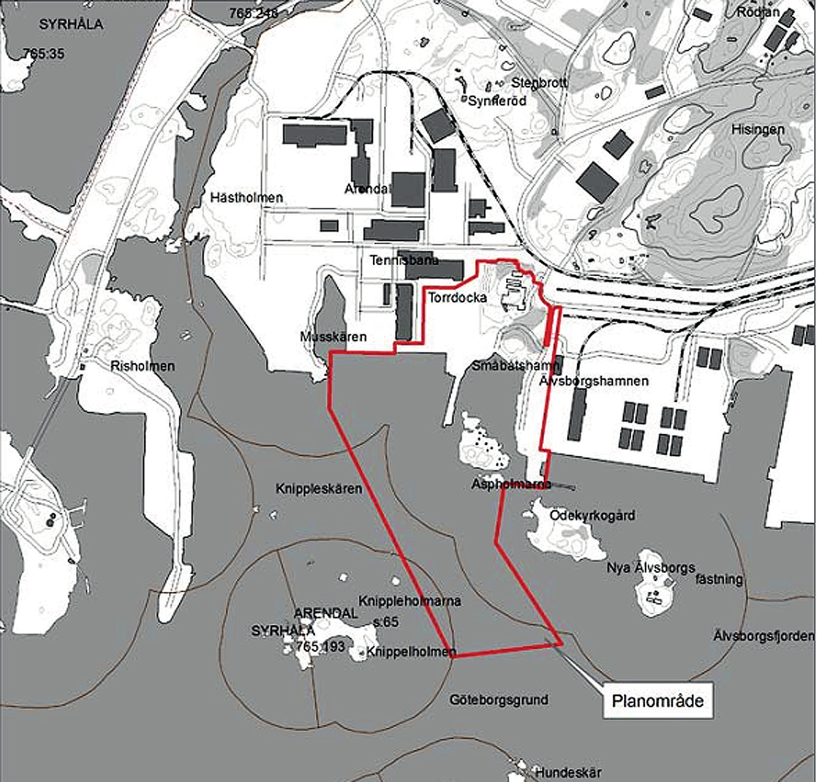 Illustration 3. Kartan visar att hela Lilla Aspholmen ingår i det nya detaljplaneområdet samt att kajområdet kommer att påverka miljön runt fästningen Nya Älvsborg.