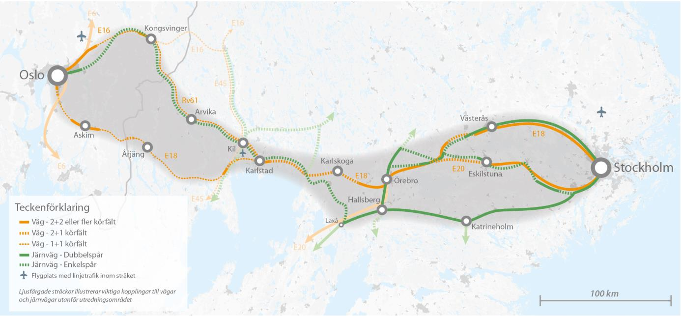 16 (56) 2. ÅVS:ens avgränsningar 2.1. Avgränsning av ÅVS:ens första del (Del1) Trafikverket har valt att dela in ÅVS:en för stråket Stockholm Oslo i två delar.