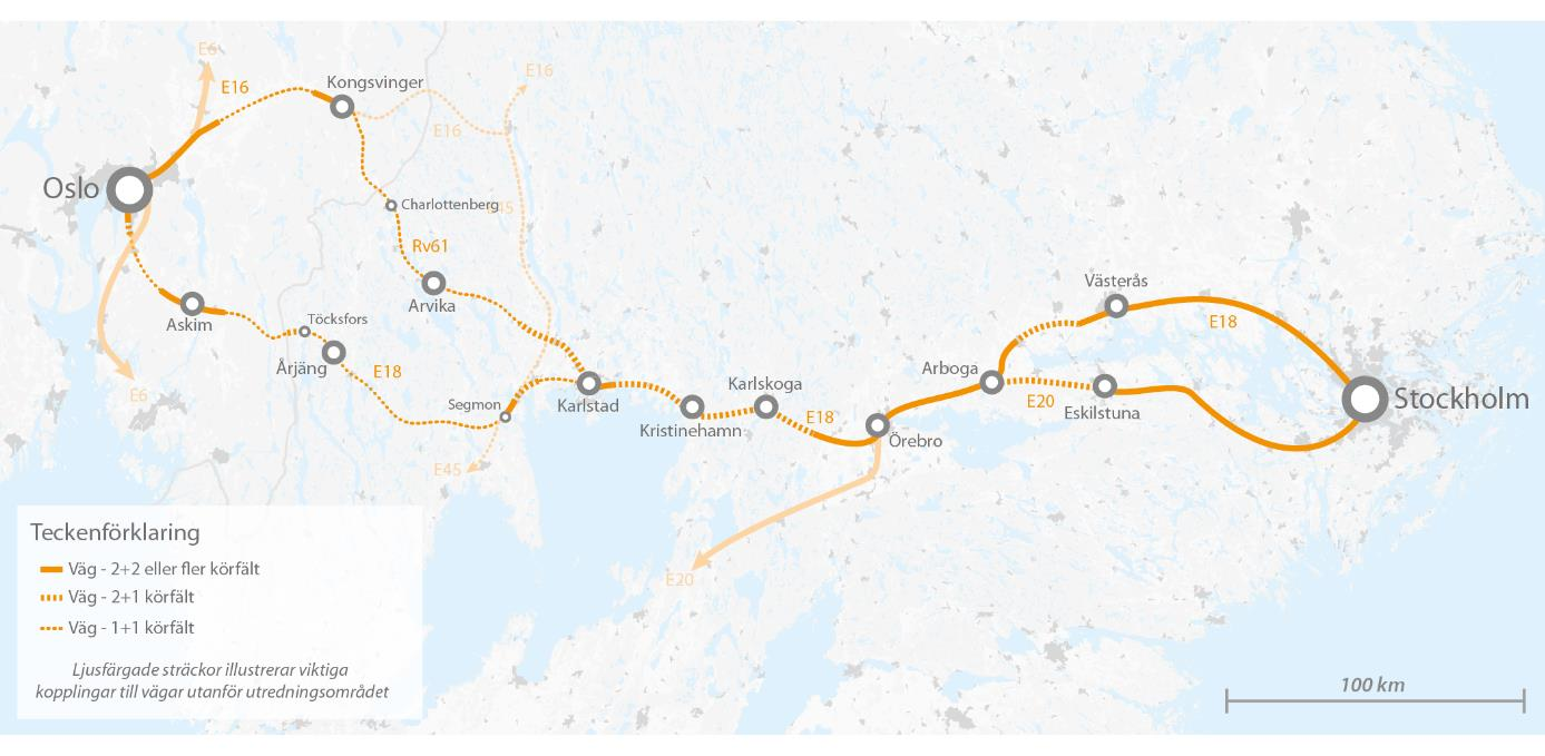 24 (56) 3.3.2. Vägar Figur 11. Dagens infrastruktur för väg inom stråket. E 18 går från Stockholm, norr om Mälaren, hela vägen till Oslo (530 km).
