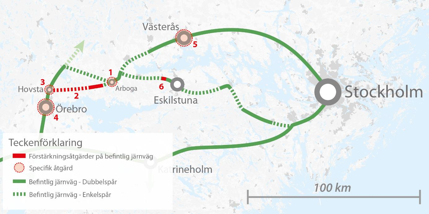 42 (56) Genomför utbyggnad till dubbelspår på kvarvarande enkelspårsträckor mellan Kristinehamn och Kil. Utbyggnad till dubbelspår i ny sträckning mellan Örebro och Kristinehamn.