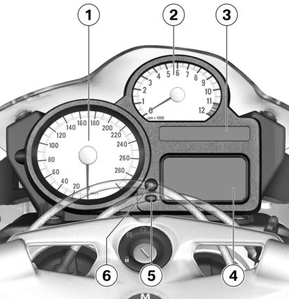 z Översikt Kombiinstrument 1 Varvräknare 2 Hastighetsmätare 3 Varnings- och kontrollampor ( 21) 4 Multifunktionsdisplay ( 20) 5 Omgivningsljussensor (för anpassning av