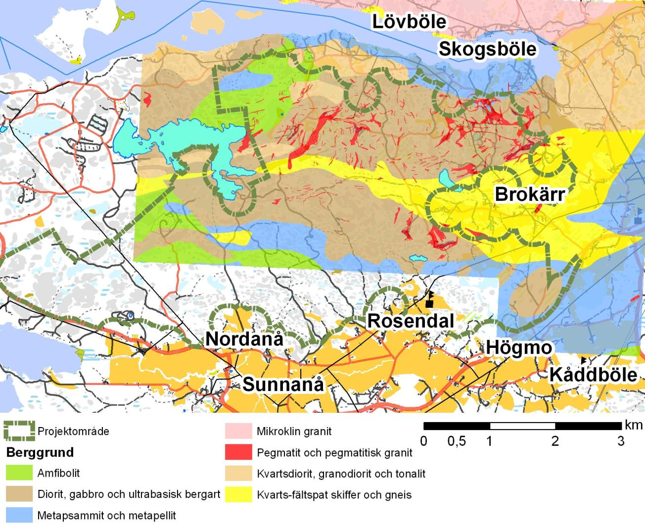Vindkraftpark, Nordanå-Lövböle Miljökonsekvensbeskrivnings program 31 Bild 16. Projektområdets berggrundskarta. Opublicerat berggrundsmaterial Geologiska forskningscentralen 2011. 5.