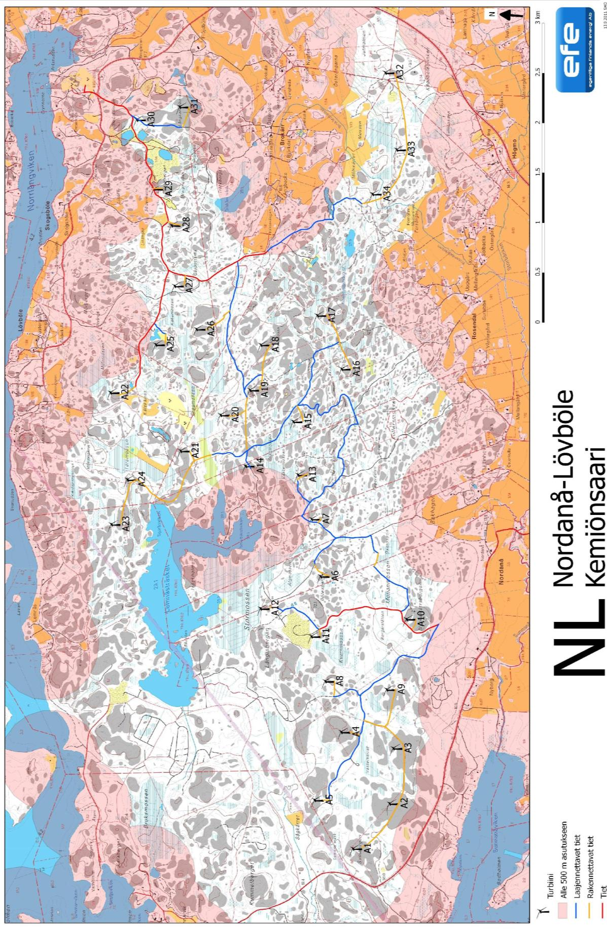 Vindkraftverk Under 500 m till bosättning Existerande väg som måste bredas Ny väg Kimitoön Existerande väg 2 Miljökonsekvensbeskrivnings program Vindkraftpark,