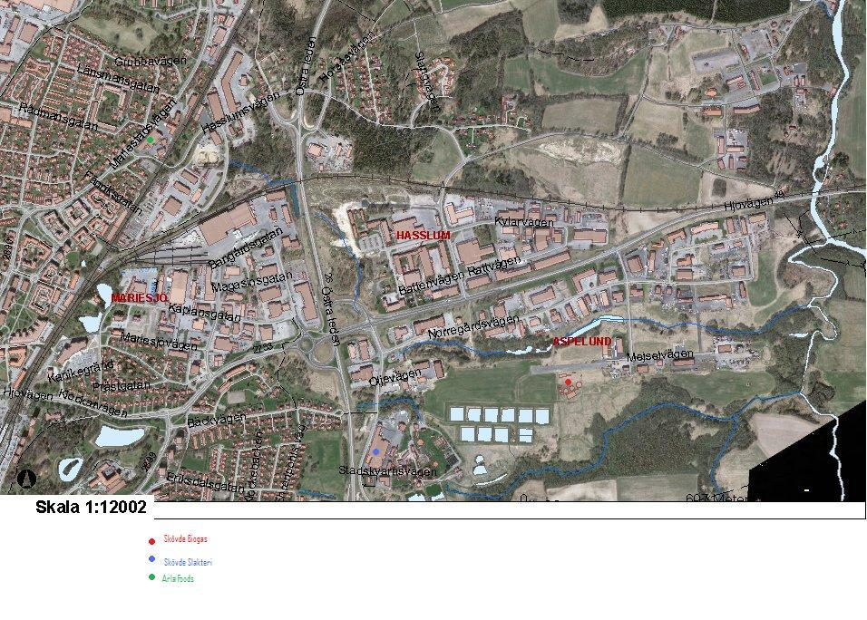 Skövde mejeri (Arla Foods) Skövde Biogas Skövde Slakteri Bild 2. Karta över Skövde med biogasanläggningen, slakteriet och mejeriet angivna.