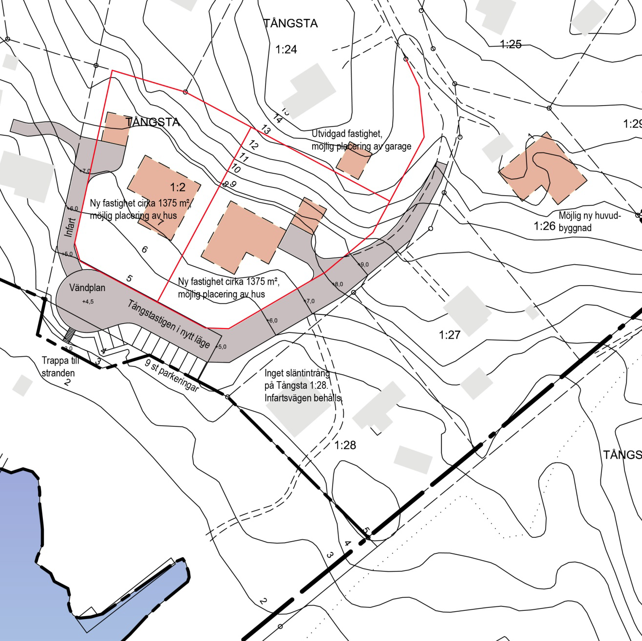 Illustration av två avstyckade fastigheter och möjliga nya byggnader vid Tångstastigen. Föreslagna ändrade fastighetsgränser markeras med röd linje. Skala 1:1 000.