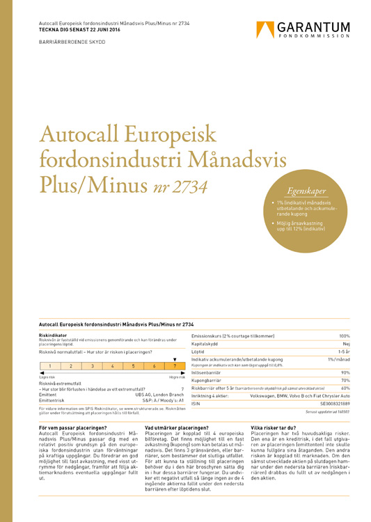 Autocall Europeisk fordonsindustri Månadsvis Plus/Minus nr 2734 Autocall Europeisk fordonsindustri Månadsvis Plus/Minus nr 2734 Möjlighet till hög årlig avkastning på sammanlagt 12% indikativt även i