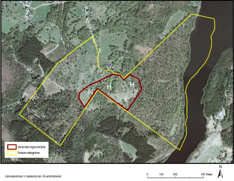 Inventeringsområdet inom vilket håvning utfördes (H), var gårdarnas gamla inägormarker i naturreservatets centrala delar, vilket innefattar naturbetesmarker och hamlade träd samt slåtterängar.