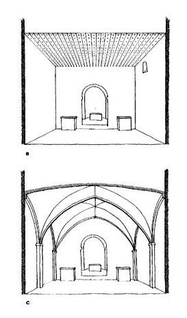 Spåret efter klockor som har varit upphängda i en bindbjälke i Gökhem, i långhusets nordvästra del, foto C. Thelin 2005. Takstol i Hagebyhöga kyrka med dekorerade stödben, ritning P. Sjömar 1995.