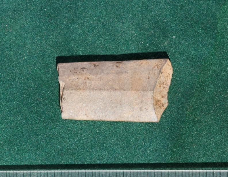 Fig. 7. Avbruten slipad spets av ljusgrå skiffer (F 102). Schakt H, Dn 1. Foto: Thomas B Larsson. Dn 2 (10-20 cm) Schakt C: Rödbrun mjäla med inslag av kolfläckar.