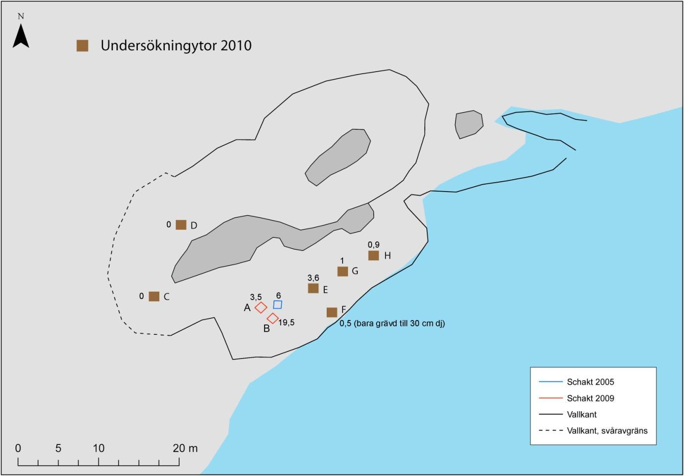 Fig. 16. Fynden av obrända ben i samtliga undersökta schakt i boplatsvallen, uttryckt i kg ben/schakt.