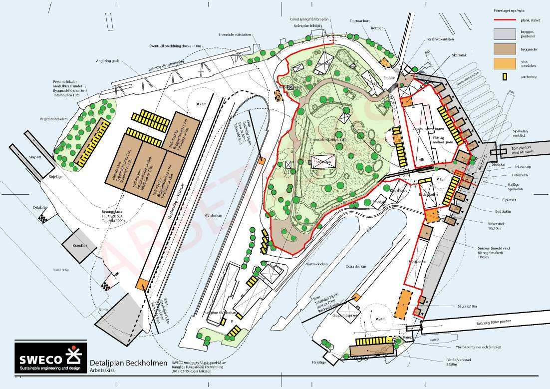SID 6 (10) Kommersiellt varv Ny brygga Föreslagen disposition av Beckholmen. (Sweco Architects) Varv med kulturhistorisk inriktning Längs Beckholmens östra sida föreslås en ny träbrygga.