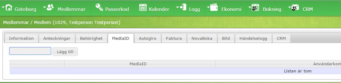 Lägg till MediaID 1. Klicka på fliken MediaID. a. Ett MediaID representerar en RFID-tagg eller magnetkort. b. Här visas medlemmens befintliga MediaID. c. En medlem kan ha obegränsat antal MediaID. 2.