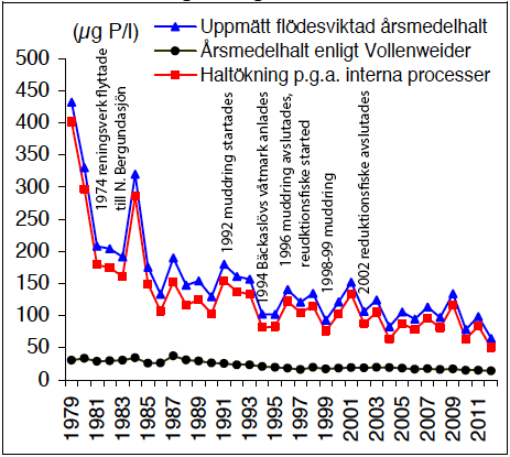 Figur 29. Flödesviktad årsmedelhalt av TP i Södra Bergundasjön, Växjö. Åtgärder för att minska externa och interna källor av fosfor (ALcontrol 2014, modifierad). 6.2.3 Andra faktorer som kan påverkar åtgärdseffektivitet Några åtgärder har visats fungera bättre om de modifieras på något sätt.