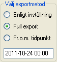 Steg 2 Välj exportmetod Nästa steg är att välja exportmetod. Man kan välja att göra full export, export av information fr.o.m. senaste export och export fr.o.m. en viss tidpunkt.