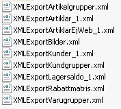 Om alla register har exporterats skapas filer enligt nedan. Filen XMLExportArtiklar_1.