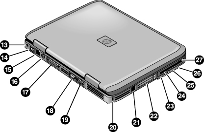 Kom igång med HP Notebook Datorns olika delar Baksidan 13. Uttag för nätadapter. 14. Två USB-portar (Universal Serial Bus). 15. LAN-port*. 16. S-videoport*. 17. Parallellport (LPT1).