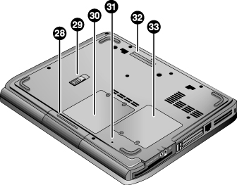 Kom igång med HP Notebook Datorns olika delar Undersidan 28. Hårddisk. 29. Batterispärr. 30. Lucka till RAM-fack. 31. Återställningsknapp.