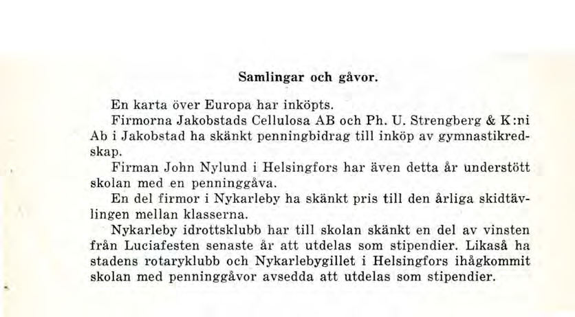 Samlingar och gåvor. En karta över Europa har inköpts. Firmorna Jakobstads Cellulosa AB och Ph. U. Strengberg & K :ni Ab i Jakobstad ha skänkt penningbidrag till inköp av gymnastikredskap.