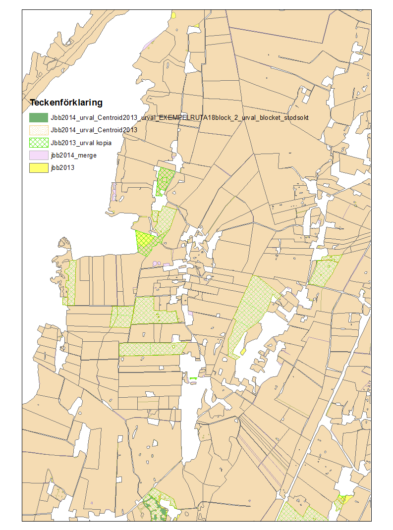 Figur 23. 2014 års block (rosa, något transparent) ovanpå 2013 års block (gult) i ett område med många blockändringar.