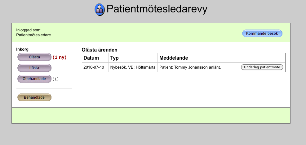 5.2.3.2 Vårdplanerare Primärvård/specialistvård Figur 10: Översikt över vårdplanerarens vy Layouten i vårdplanerarvyn är i princip densamma som för patientvyn men i någon enklare form.