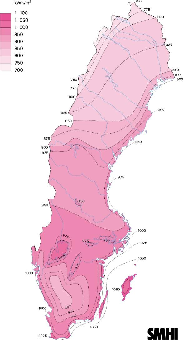 Figur 12. Total årlig globalinstrålning i Sverige (SMHI, 2014) Vädret har stor betydelse för hur mycket solenergi som går att nyttja.