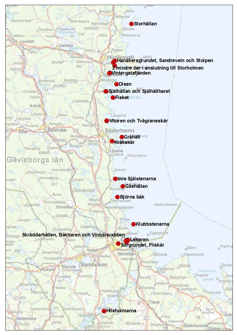 Figur 2. Karta över kända skarvlokaler i Gävleborgs län mellan åren 1993-2016. Populationerna i Hälsingland har haft följande utveckling från år 2012 till 2016: 2012: 560 bon på Sandreveln.