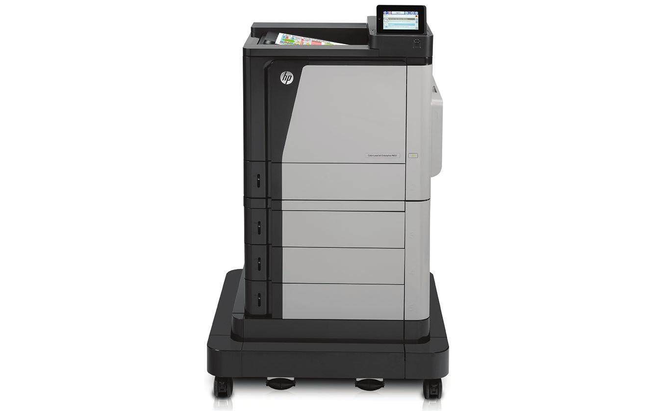 Produktrundtur HP Color LaserJet Enterprise M651xh visas: 1. Intuitiv kontrollpanel med färgpekskärm på 10,9 cm 2. 500-arks utmatningsfack 3. Hem-knapp (tar dig tillbaka till startskärmen) 4.