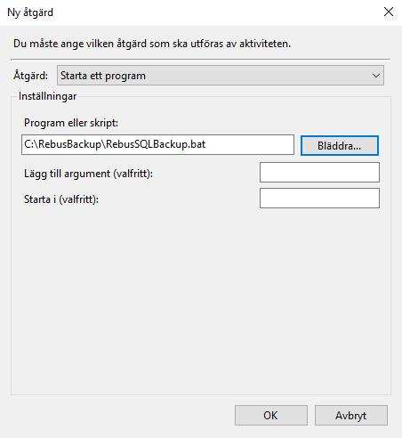 Gå till fliken Åtgärder - Välj Ny - Åtgärd Starta ett program - Skriv i vilken katalog filen finns och vad den heter eller hämta fram filen via Bläddra Nu är det som behövs registrerat och backup ska