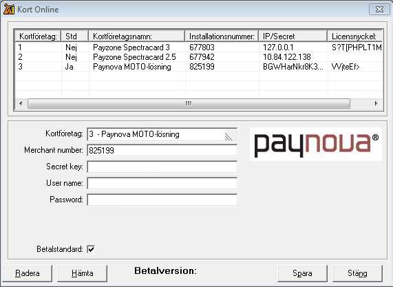 Inställningar I Rebus Grund-modul, under menypunkten Inställningar finns rutinen Kort Online. Här ska de uppgifter ni fått från Paynova registreras.