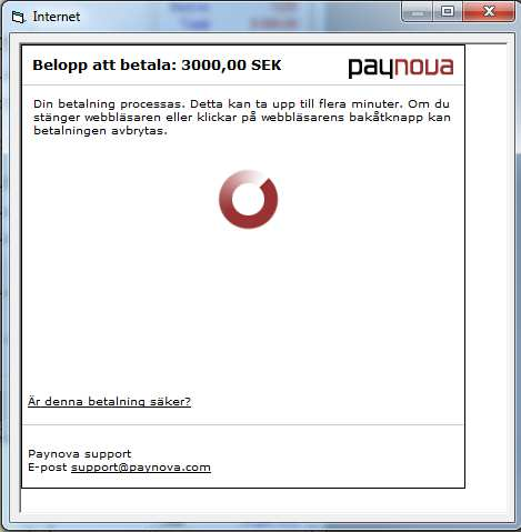 Rebus startar kommunikationen mot Paynova och ett webfönster startas inne i Rebus som visar upp Paynovas betalsida för just den här betalningen. Här ska ni registrera kundens kortuppgifter.