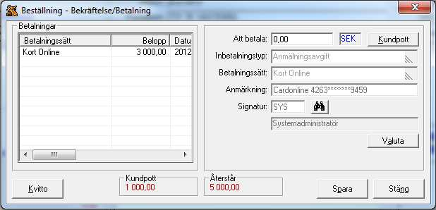 Stäng betalrutan genom att klicka på OK-knappen. När du kommer tillbaka till det underliggande fönstret så ser du nu att det finns en betalning registrerad i det vänstra fönstret.