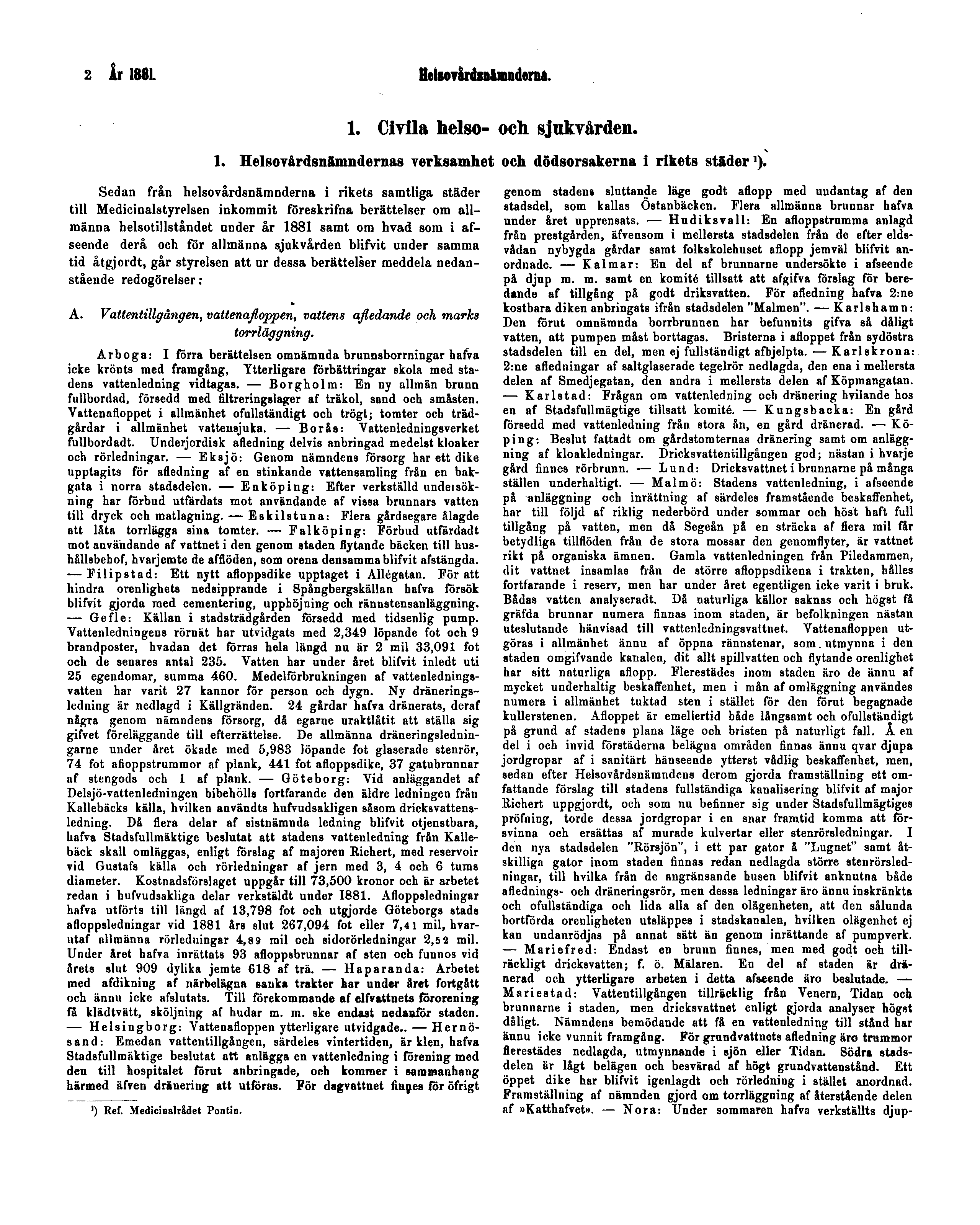 2 År 1881. Helsovårdsnämnderna. 1. Civila helso- och sjukvården. 1. Helsovårdsnämndernas verksamhet och dödsorsakerna i rikets städer 1 ).